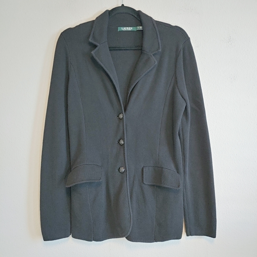 Lauren Ralph Lauren Women's Black Cotton Knit Sweater Cardigan Sz M Work Wear
